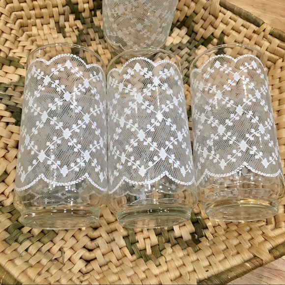 Vintage LIBBEY lace glasses. Southern Tom Collins lace overlay. White lace set 6